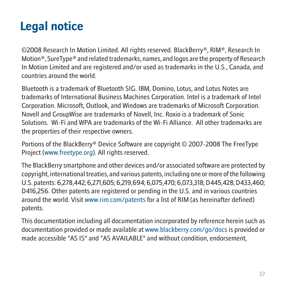 Legal notice | Blackberry 8820 User Manual | Page 39 / 44