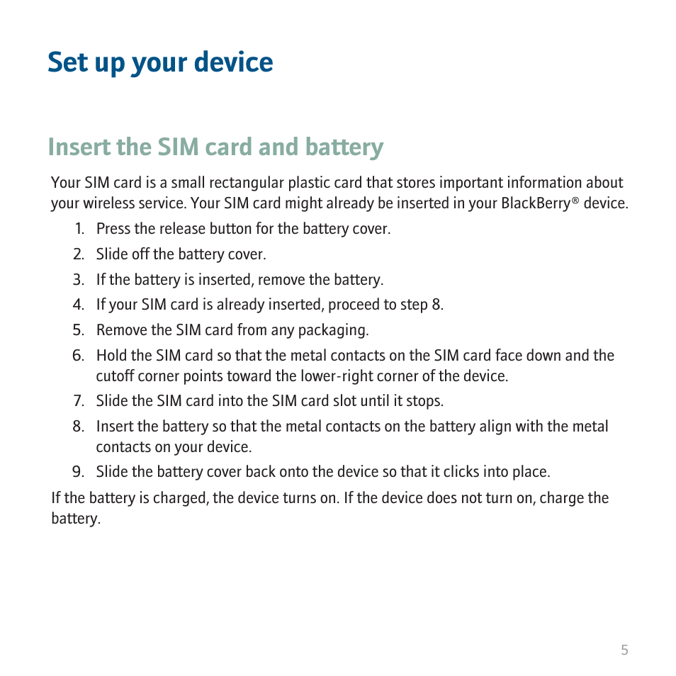 Set up your device, Insert the sim card and battery | Blackberry 8820 User Manual | Page 7 / 44
