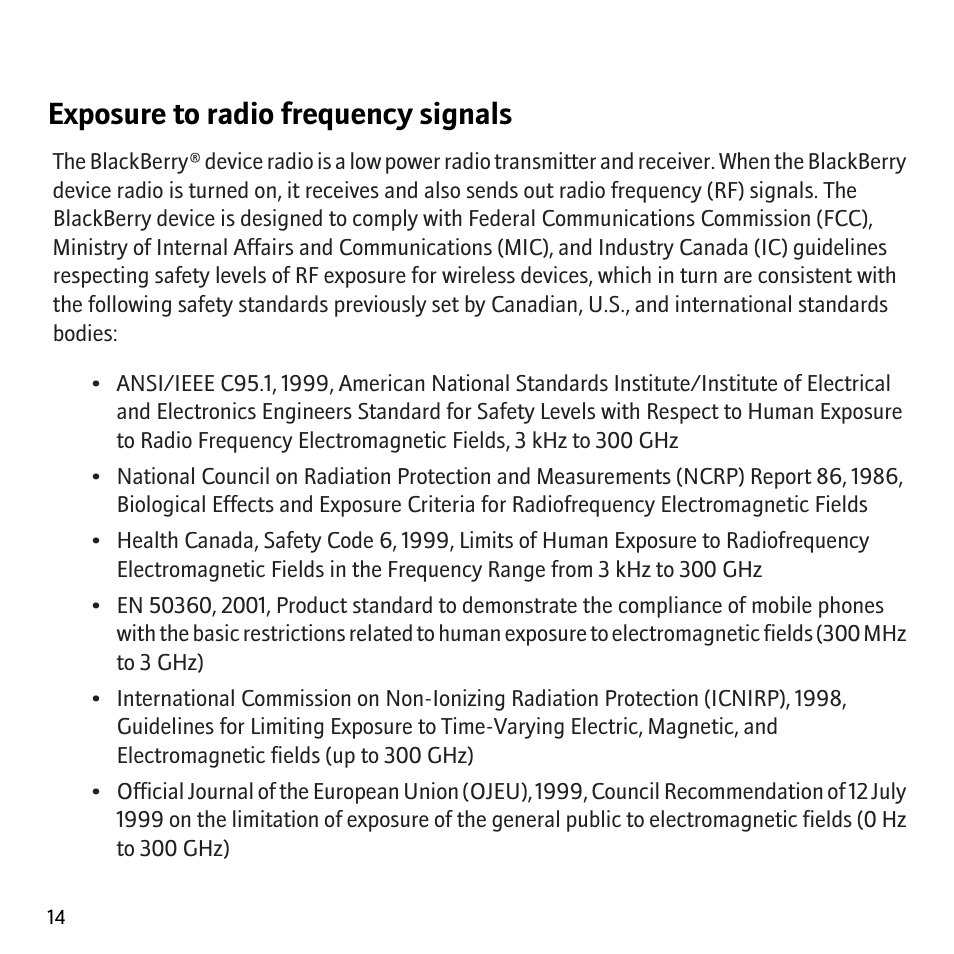 Exposure to radio frequency signals | Blackberry Curve 8300 User Manual | Page 16 / 29