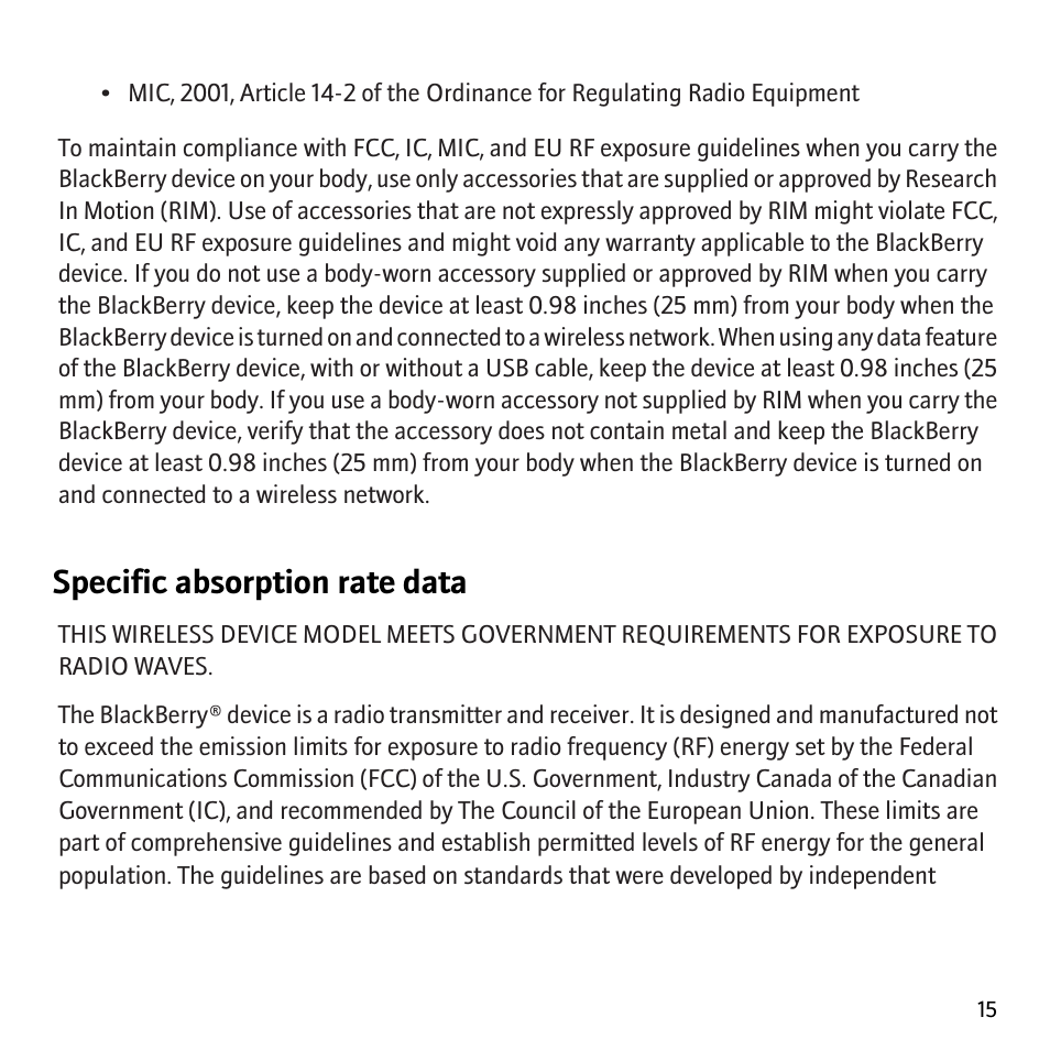 Specific absorption rate data | Blackberry Curve 8300 User Manual | Page 17 / 29
