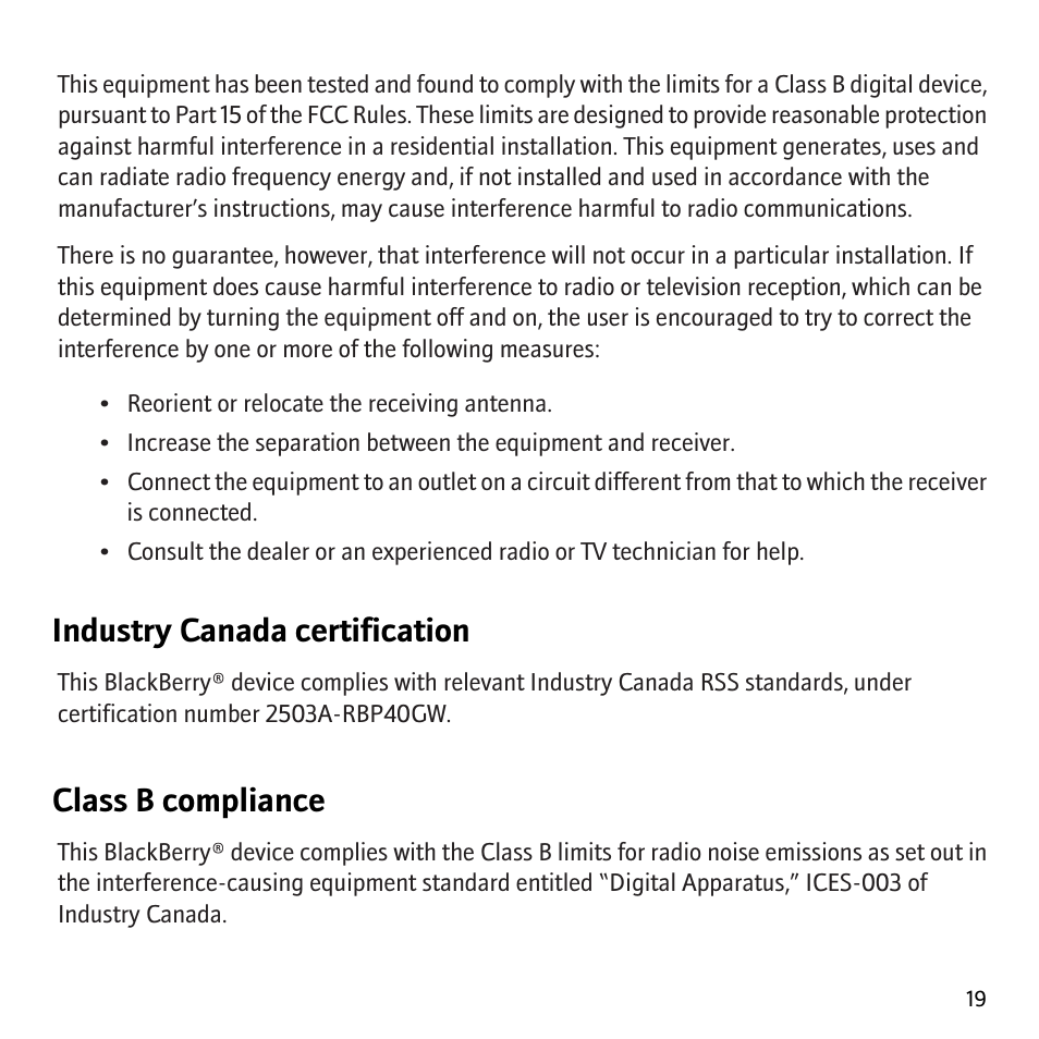 Industry canada certification, Class b compliance | Blackberry Curve 8300 User Manual | Page 21 / 29