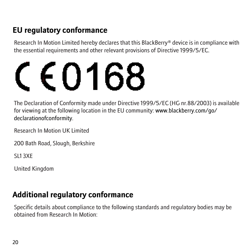 Eu regulatory conformance, Additional regulatory conformance | Blackberry Curve 8300 User Manual | Page 22 / 29