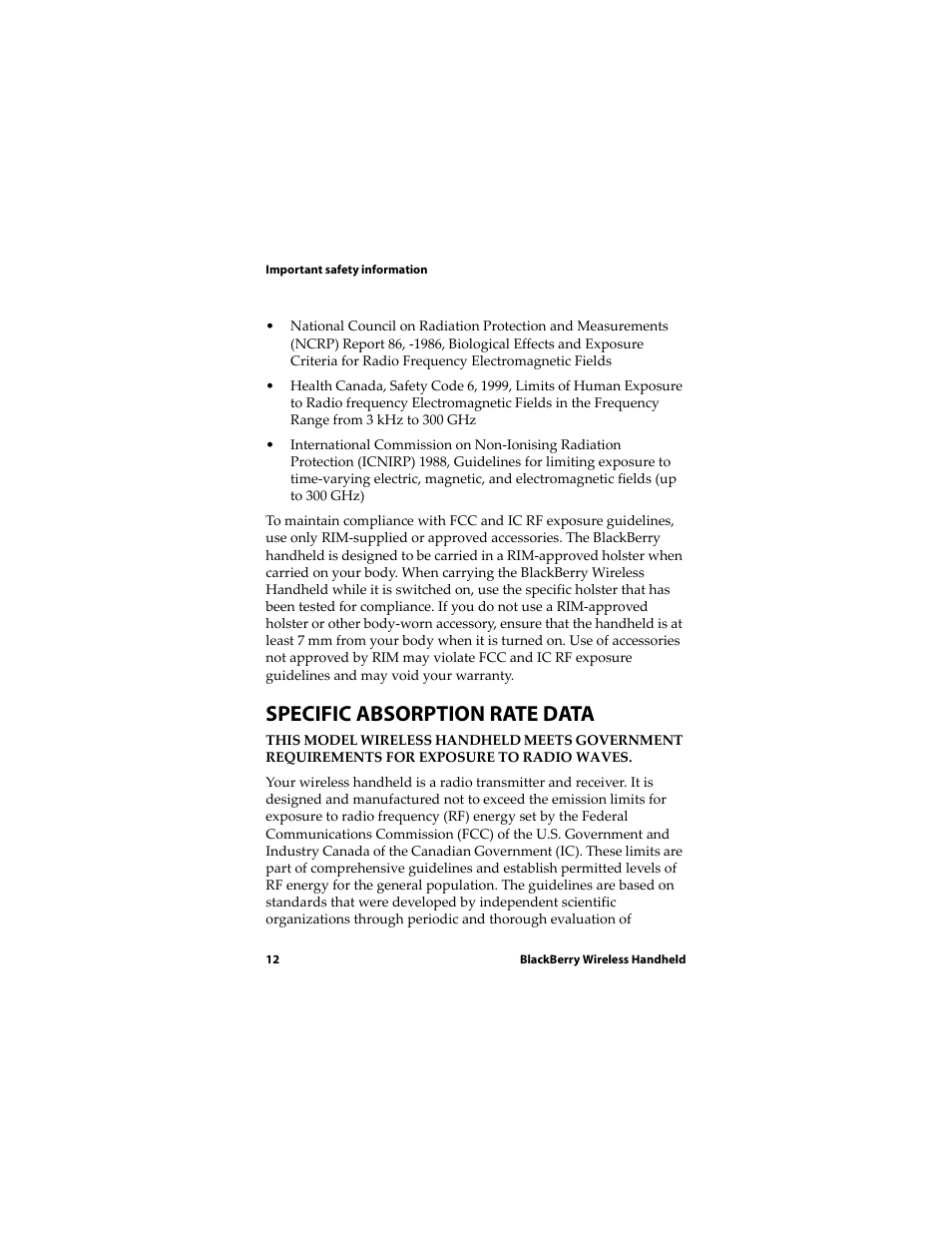 Specific absorption rate data | Blackberry RIM Wireless Handhelds 5810 User Manual | Page 12 / 76