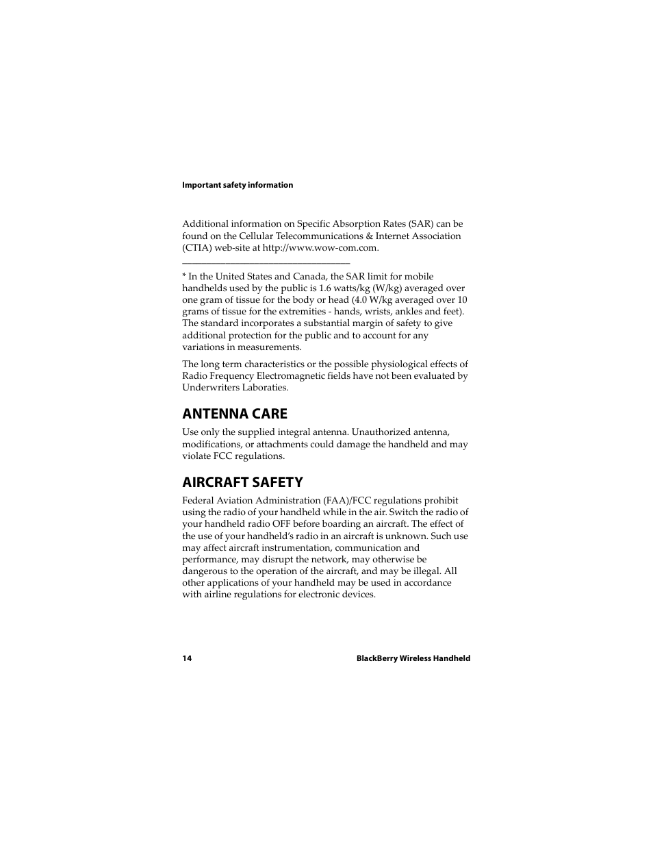 Antenna care, Aircraft safety | Blackberry RIM Wireless Handhelds 5810 User Manual | Page 14 / 76