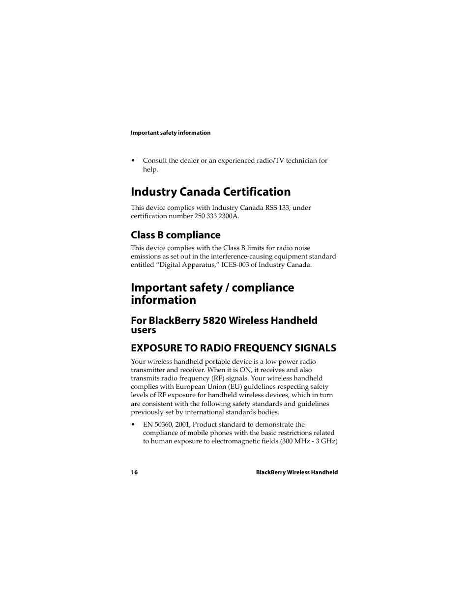 Industry canada certification, Important safety / compliance information, Class b compliance | Blackberry RIM Wireless Handhelds 5810 User Manual | Page 16 / 76
