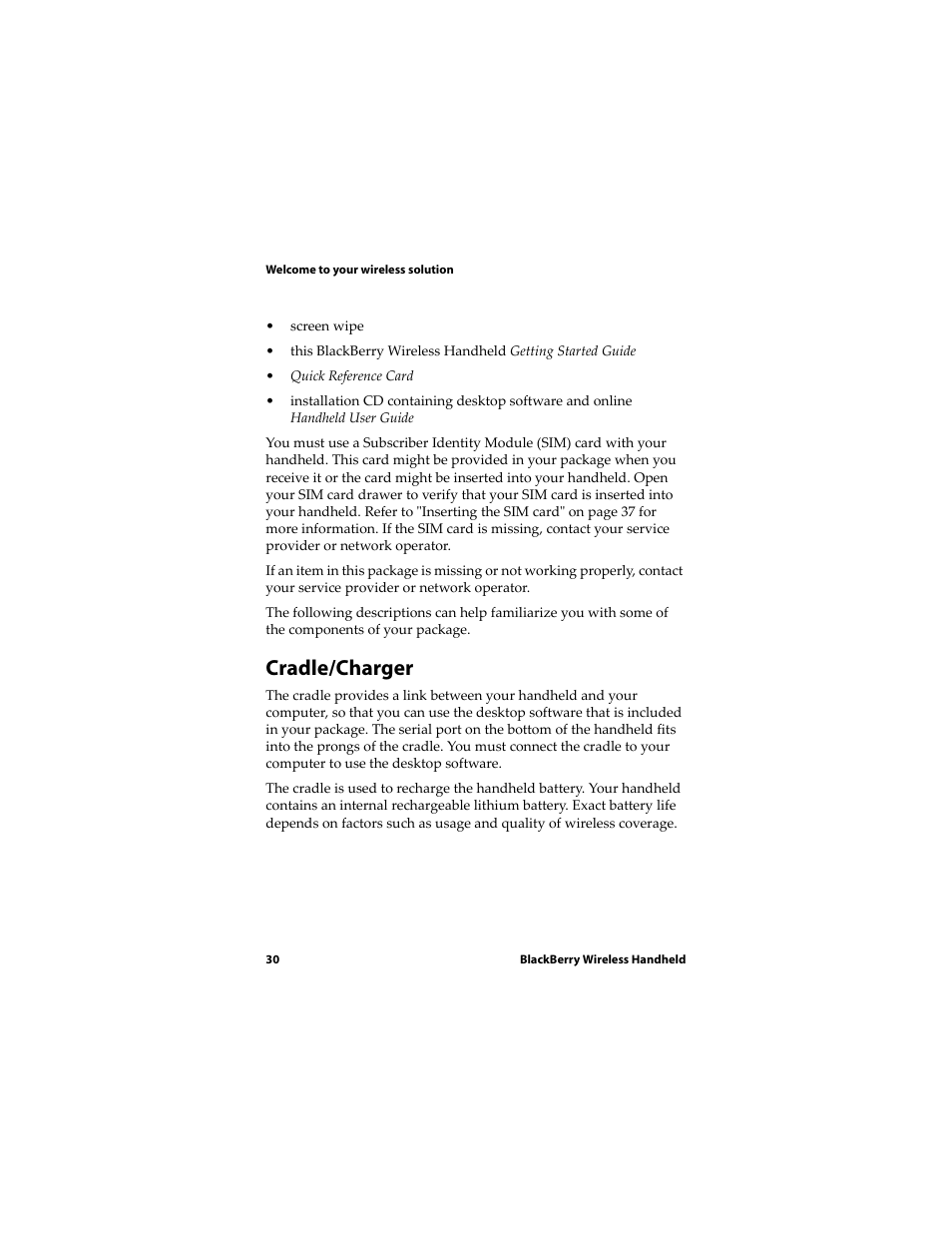 Cradle/charger | Blackberry RIM Wireless Handhelds 5810 User Manual | Page 30 / 76