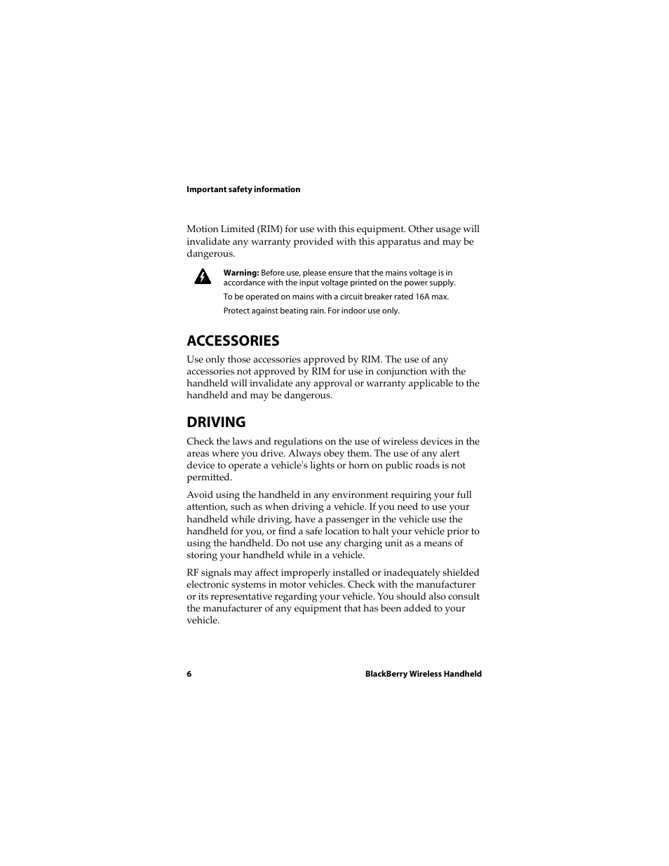Accessories, Driving | Blackberry RIM Wireless Handhelds 5810 User Manual | Page 6 / 76