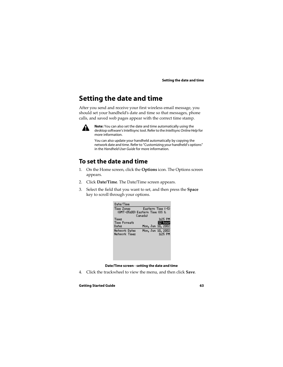 Setting the date and time | Blackberry RIM Wireless Handhelds 5810 User Manual | Page 63 / 76