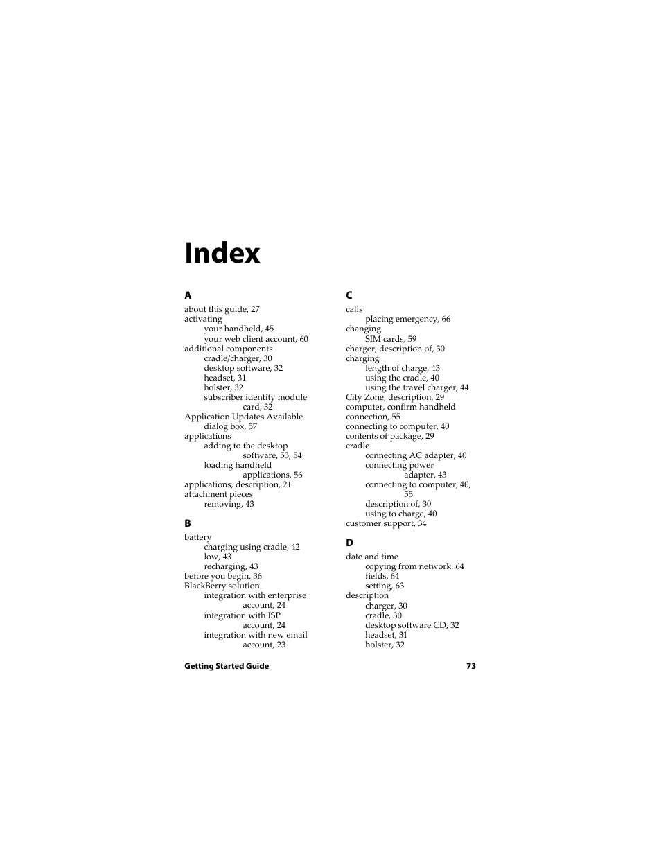 Index | Blackberry RIM Wireless Handhelds 5810 User Manual | Page 73 / 76