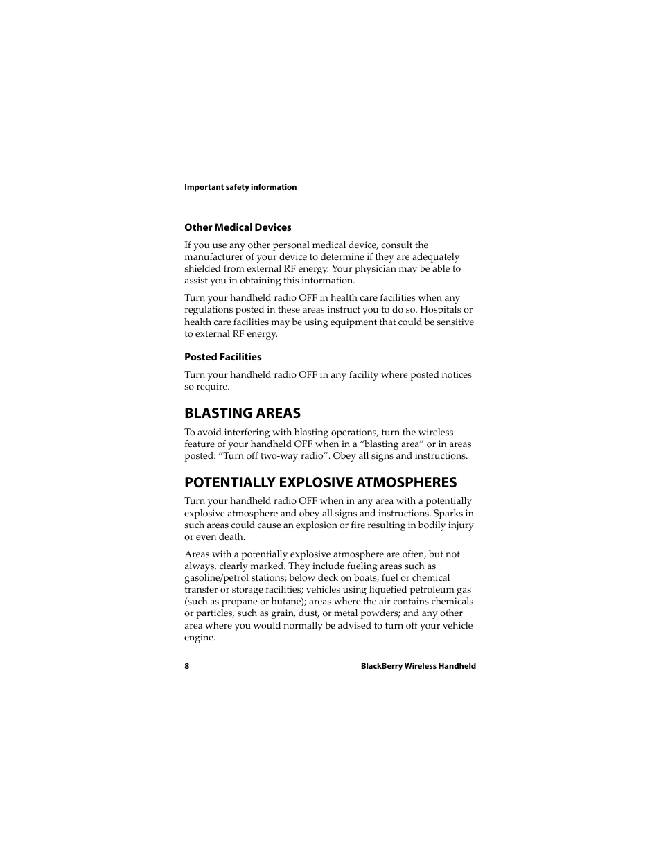 Blasting areas, Potentially explosive atmospheres | Blackberry RIM Wireless Handhelds 5810 User Manual | Page 8 / 76