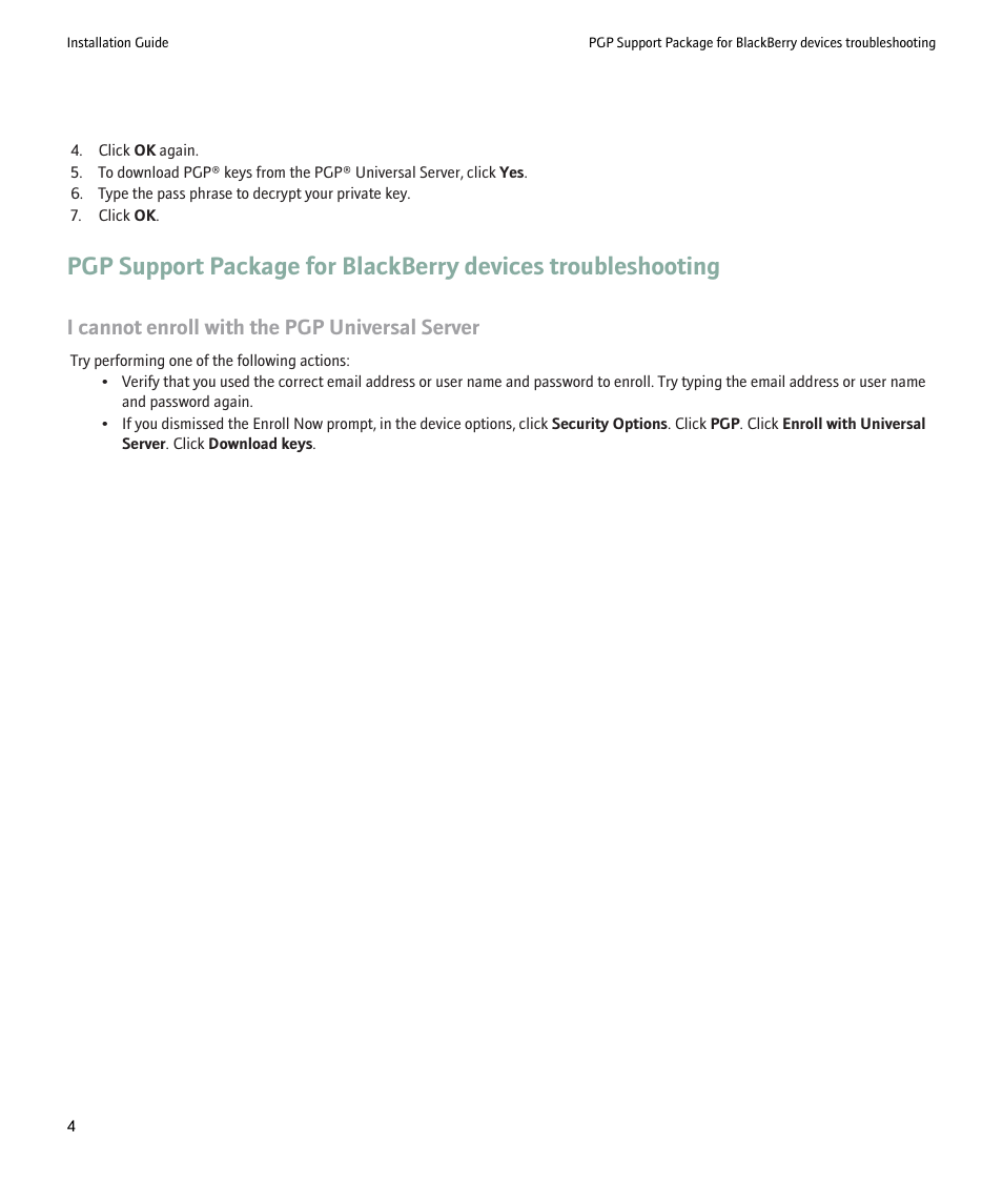 I cannot enroll with the pgp universal server | Blackberry Network Device SWD-500612 User Manual | Page 6 / 9