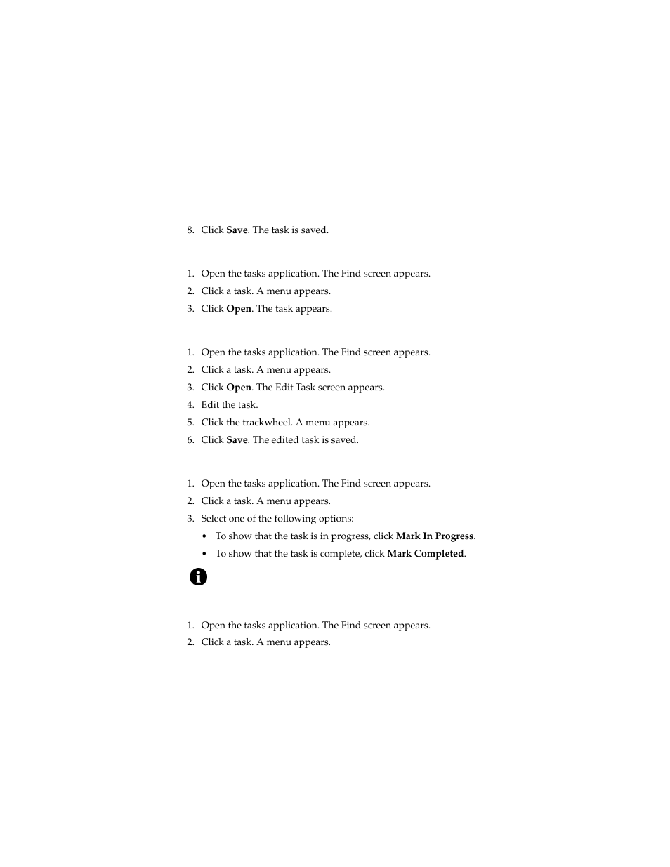 Open a task, Edit a task, Change the status of a task | Delete a task | Blackberry 6280 User Manual | Page 101 / 152