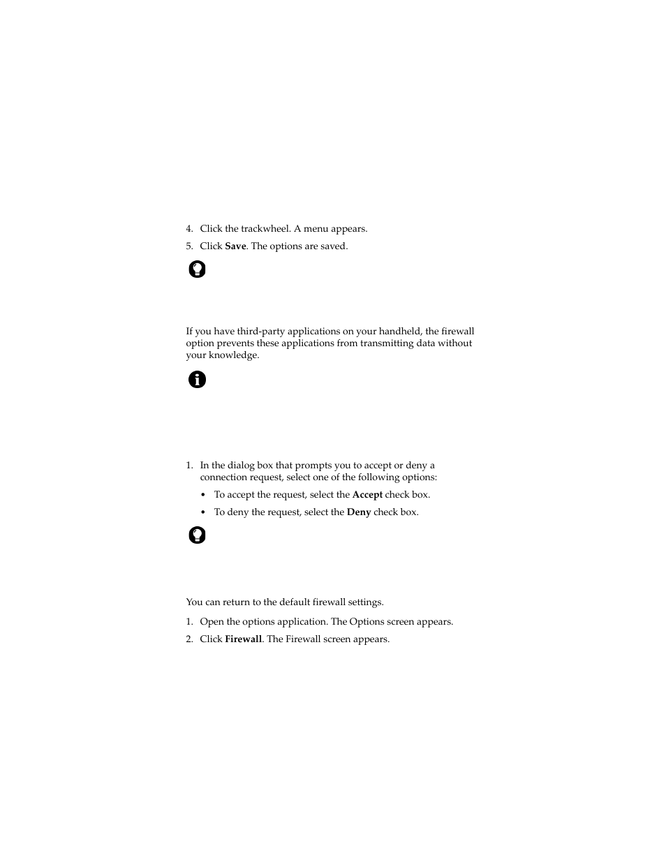 Firewall, Accept or deny a connection request, Reset firewall settings | Blackberry 6280 User Manual | Page 115 / 152