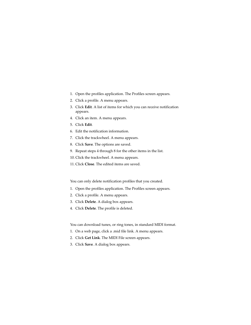 Edit a notification profile, Delete a notification profile, Download notification tunes | Blackberry 6280 User Manual | Page 121 / 152