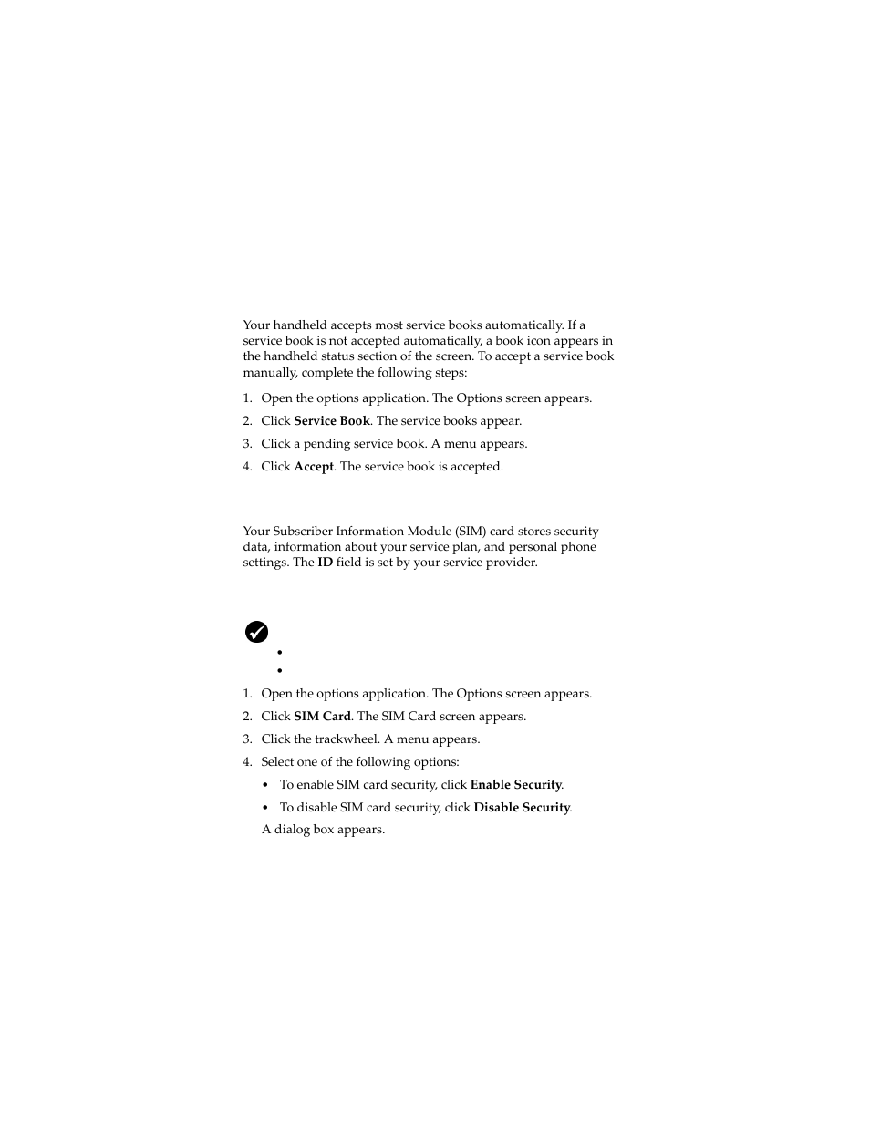 Sim card, Accept a service book, Enable or disable sim card security | Blackberry 6280 User Manual | Page 127 / 152