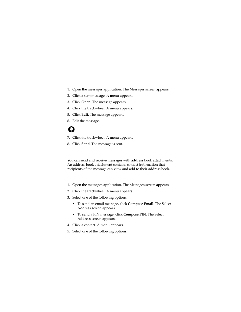 Managing address book attachments, Edit and resend a message, Send an address book attachment | Blackberry 6280 User Manual | Page 15 / 152