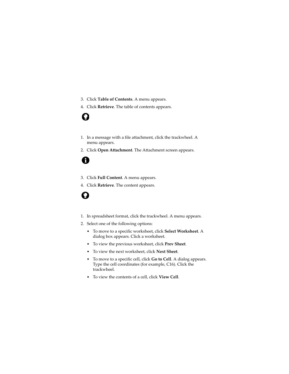 Open a file attachment, Navigate in spreadsheet format | Blackberry 6280 User Manual | Page 19 / 152