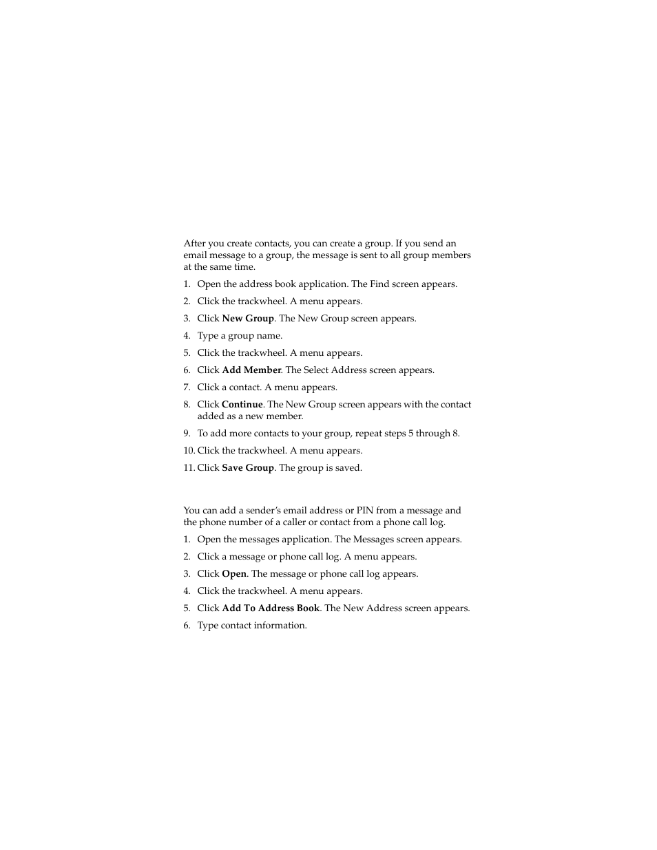 Create a group, Add contact information from the messages screen | Blackberry 6280 User Manual | Page 40 / 152