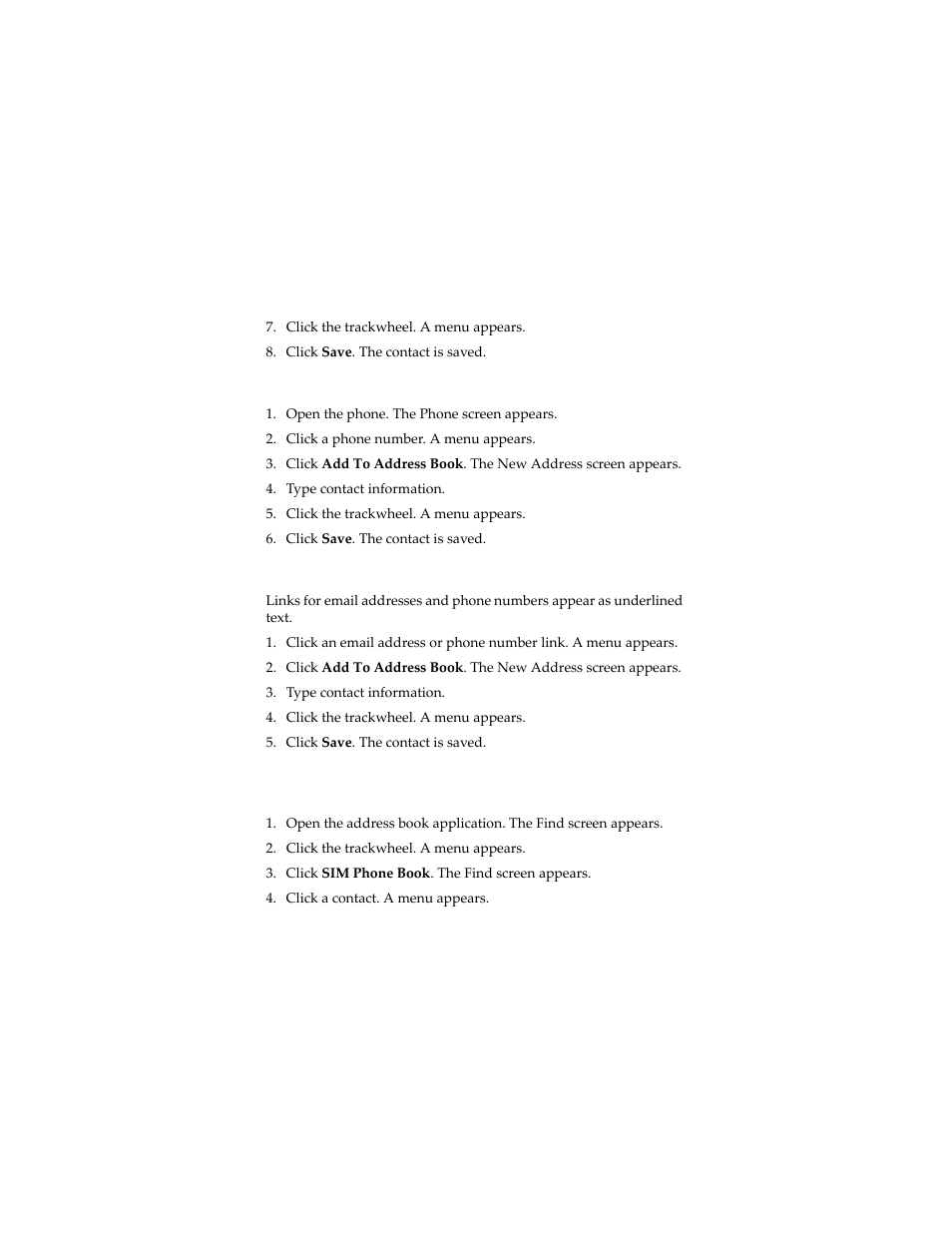 Add contact information from the phone screen, Add contact information from a link | Blackberry 6280 User Manual | Page 41 / 152