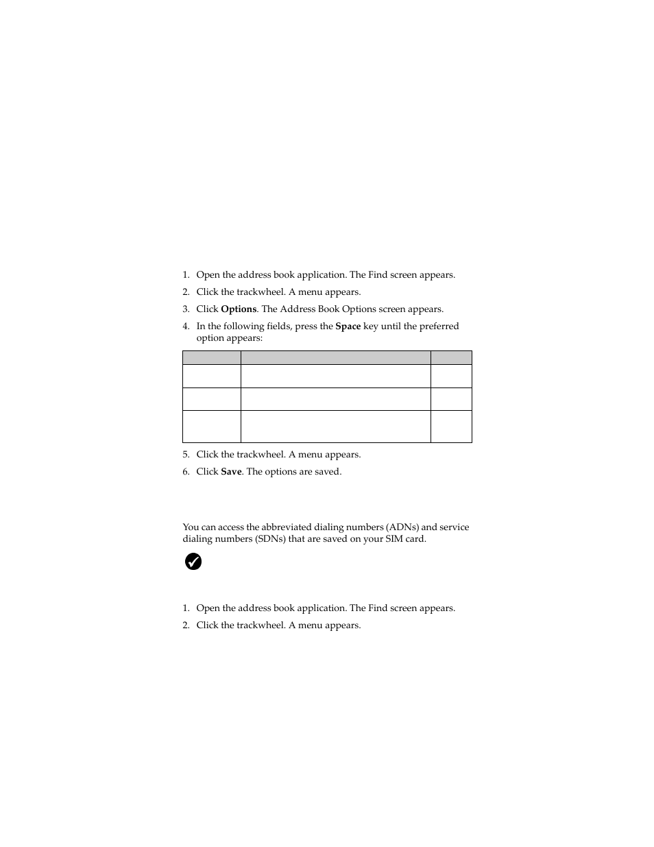 Setting address book options, Managing the sim card phone book, Set address book options | View the sim card phone book | Blackberry 6280 User Manual | Page 45 / 152