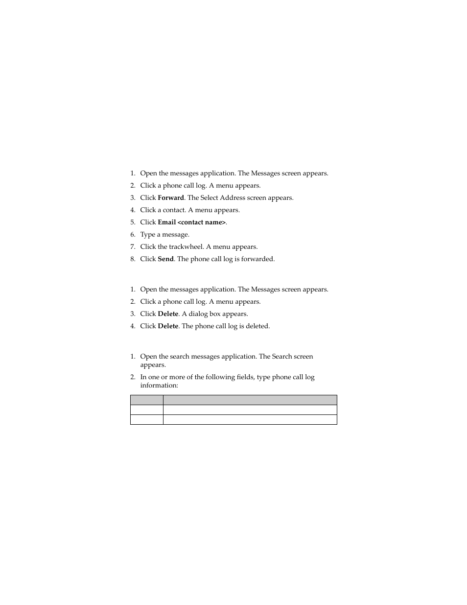 Forward a phone call log, Delete a phone call log, Search for a phone call log | Blackberry 6280 User Manual | Page 58 / 152