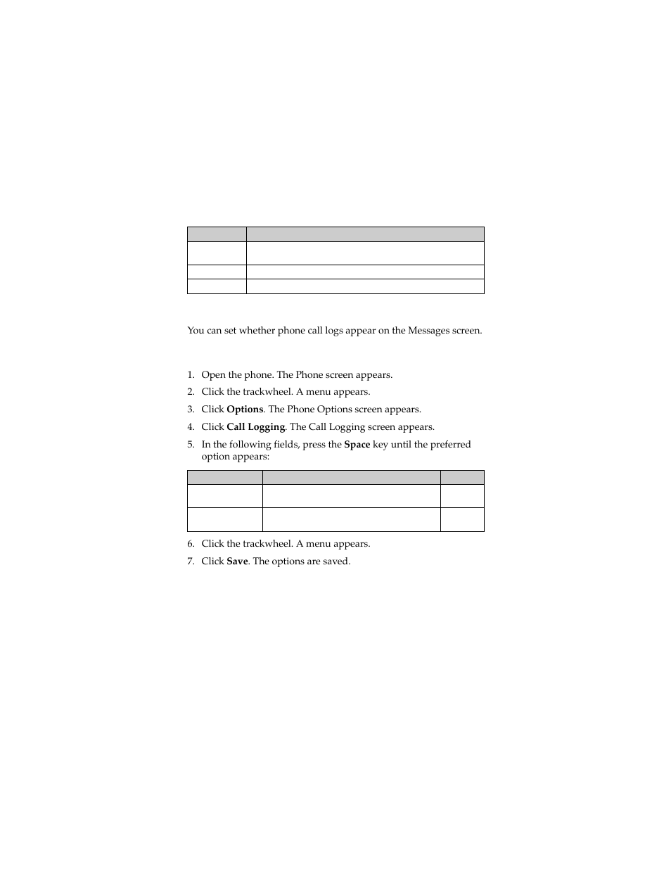 Setting call logging, Set call logging | Blackberry 6280 User Manual | Page 60 / 152