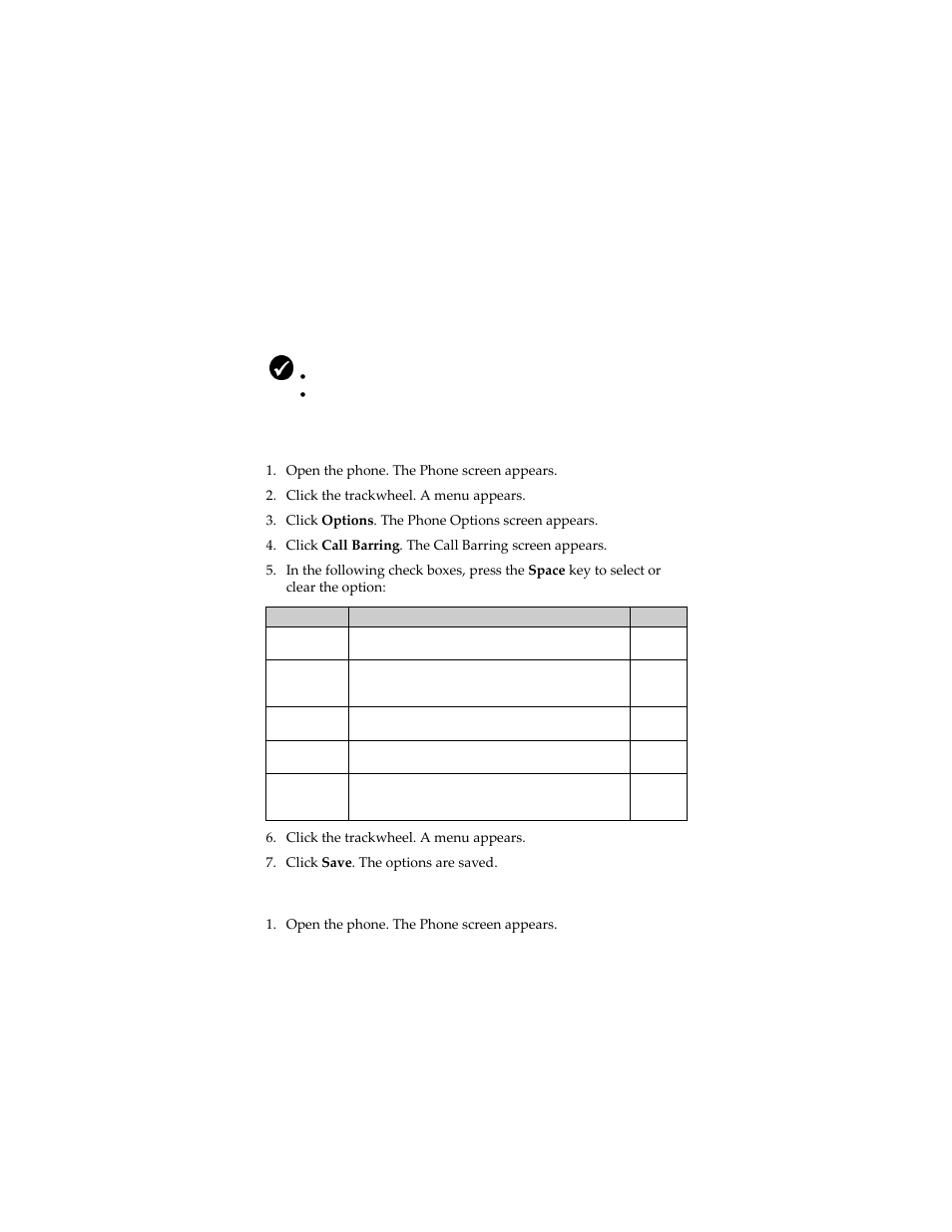 Setting call barring, Set call barring options, Enable or disable call barring | Blackberry 6280 User Manual | Page 61 / 152