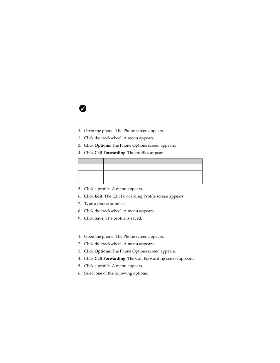 Setting call forwarding, Set call forwarding profiles, Enable or disable a call forwarding profile | Blackberry 6280 User Manual | Page 63 / 152
