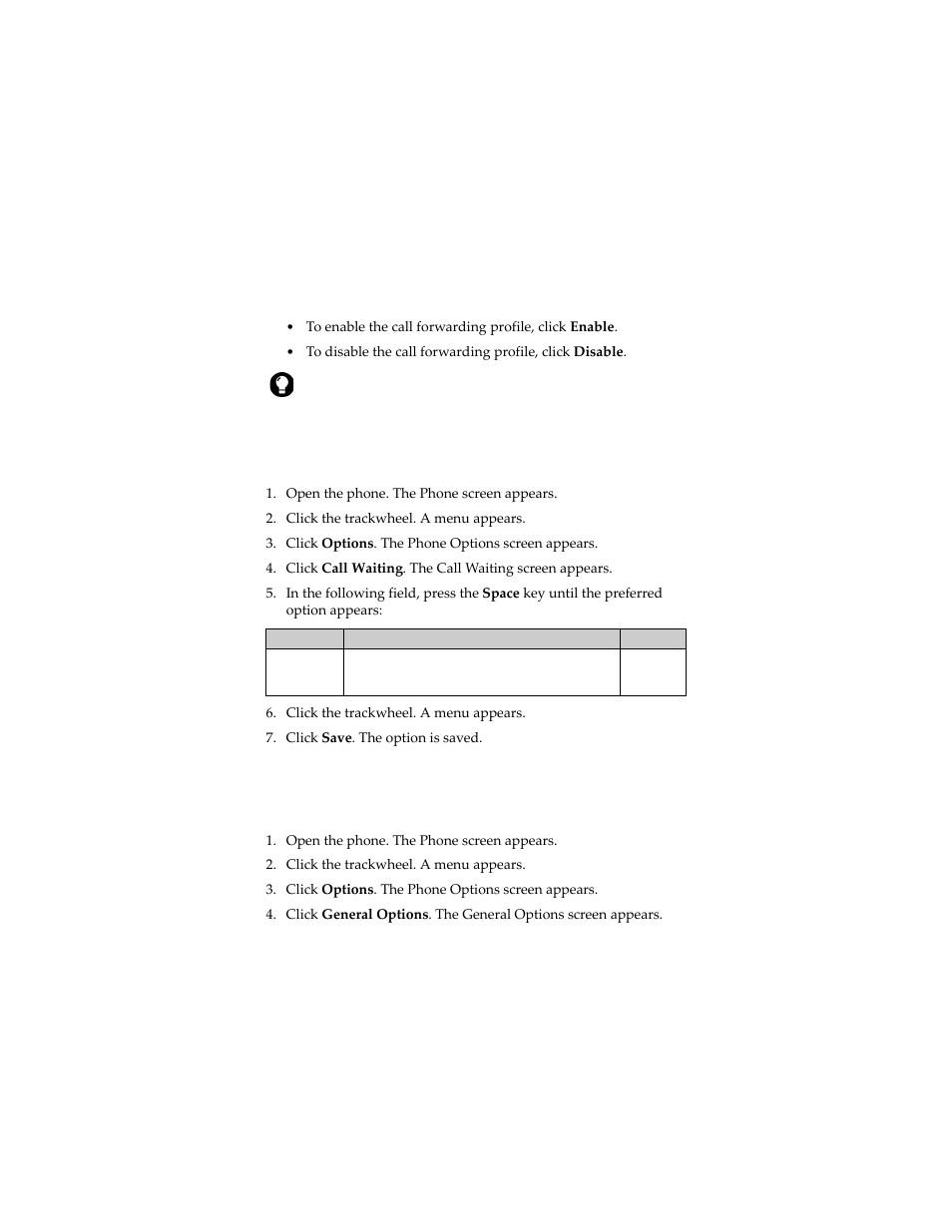Setting call waiting, Setting general phone options, Set call waiting | Set general phone options | Blackberry 6280 User Manual | Page 64 / 152
