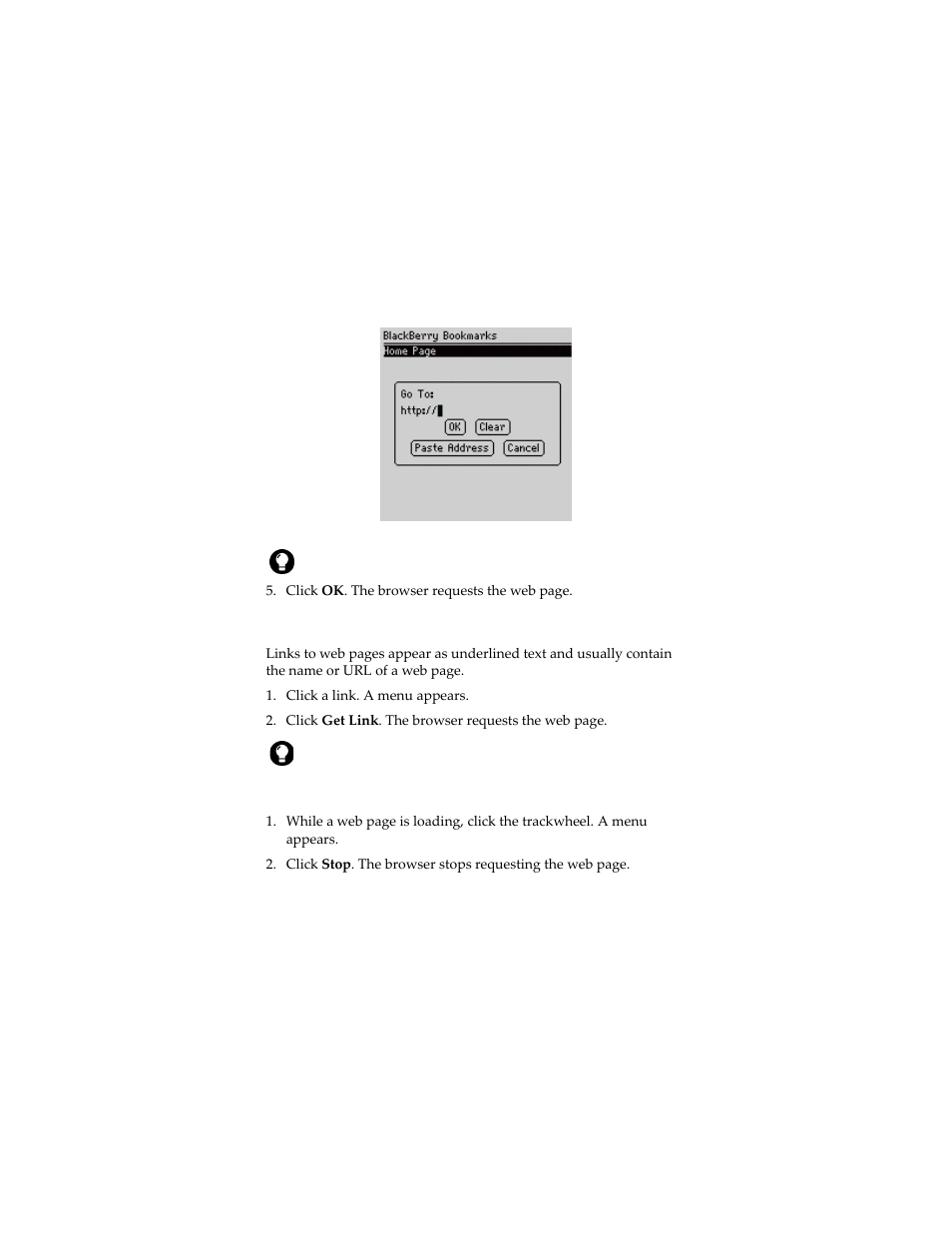 Open a web page from a link, Cancel a web page request | Blackberry 6280 User Manual | Page 74 / 152