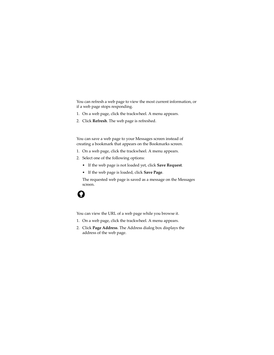 Refresh a web page, Save a web page to the messages screen, View the url of a web page | Blackberry 6280 User Manual | Page 76 / 152