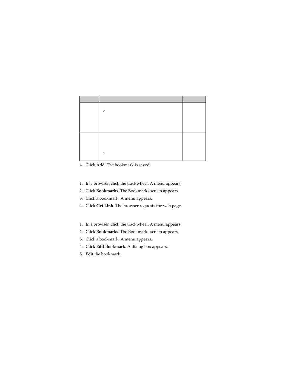Open a bookmark, Edit a bookmark | Blackberry 6280 User Manual | Page 79 / 152