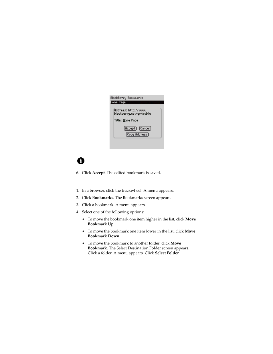 Move a bookmark | Blackberry 6280 User Manual | Page 80 / 152