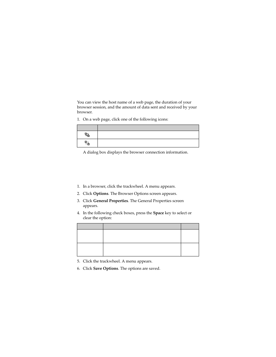 Setting browser options, View the browser connection information, Set browser options | Blackberry 6280 User Manual | Page 85 / 152