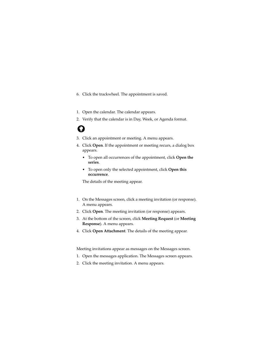Open an appointment or meeting, Open a meeting from the messages screen, Accept or decline a meeting invitation | Blackberry 6280 User Manual | Page 94 / 152