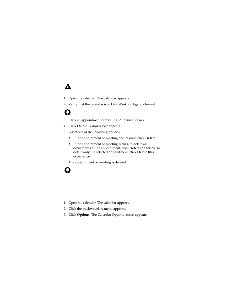 Setting calendar options, Information, Delete an appointment or meeting | Set calendar options | Blackberry 6280 User Manual | Page 97 / 152