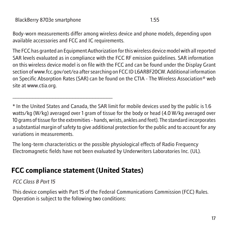 Fcc compliance statement (united states) | Blackberry 8703e User Manual | Page 19 / 30