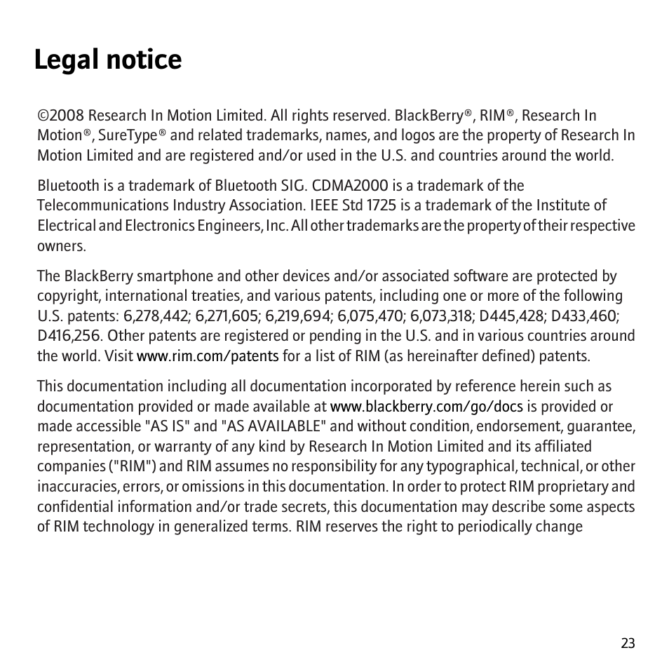 Legal notice | Blackberry 8703e User Manual | Page 25 / 30