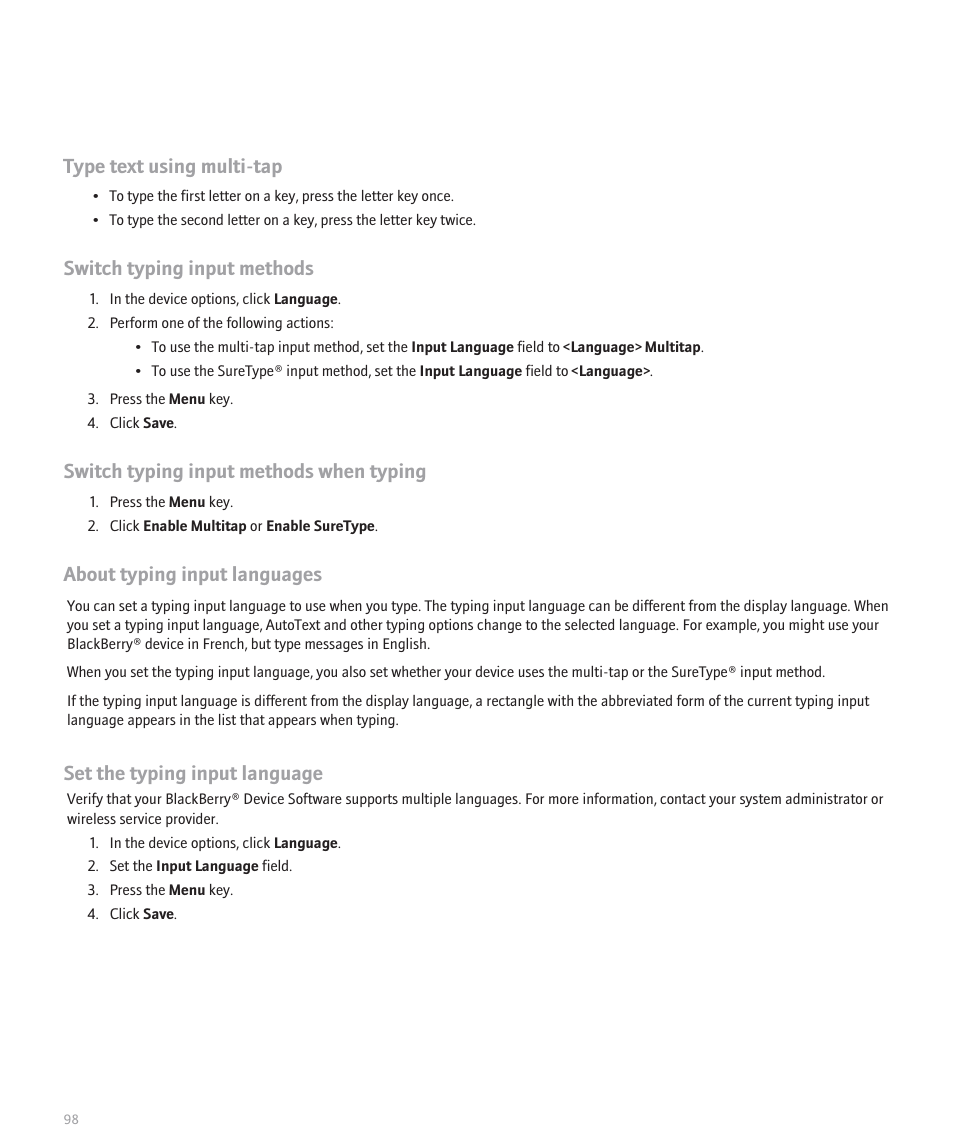 Type text using multi-tap, Switch typing input methods, Switch typing input methods when typing | About typing input languages, Set the typing input language | Blackberry 8100 User Manual | Page 100 / 262
