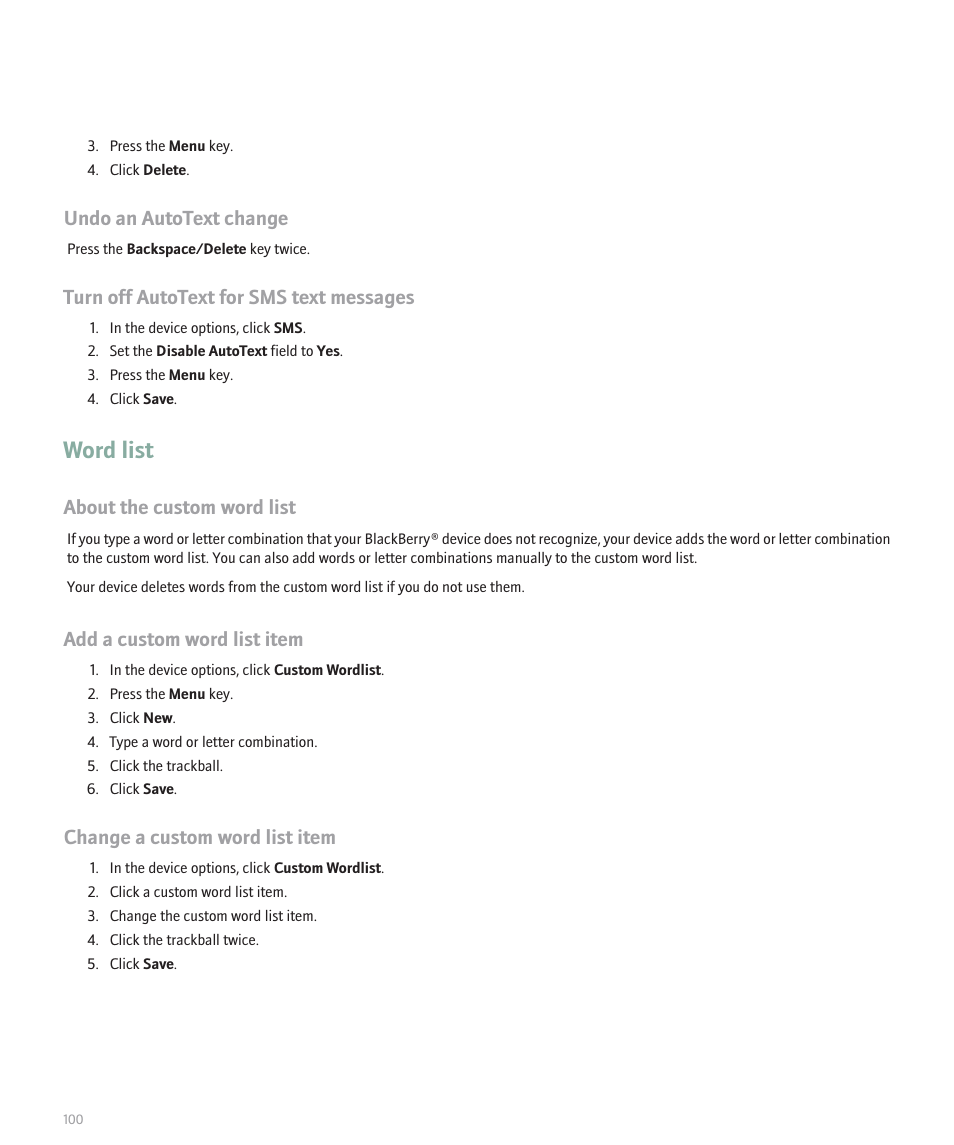 Word list, Undo an autotext change, Turn off autotext for sms text messages | About the custom word list, Add a custom word list item, Change a custom word list item | Blackberry 8100 User Manual | Page 102 / 262