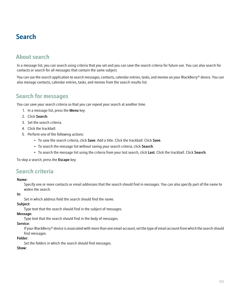 Search, About search, Search for messages | Search criteria | Blackberry 8100 User Manual | Page 105 / 262