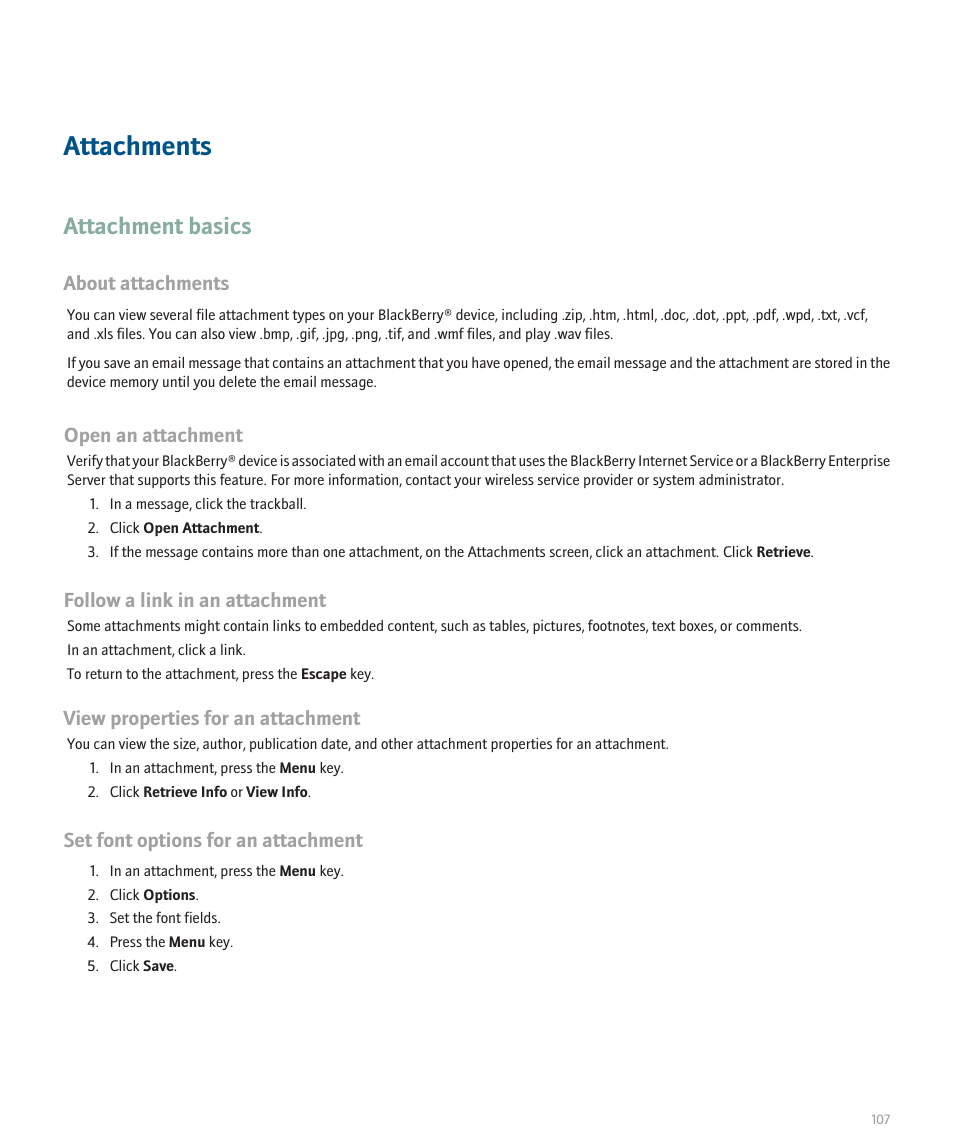 Attachments, Attachment basics | Blackberry 8100 User Manual | Page 109 / 262