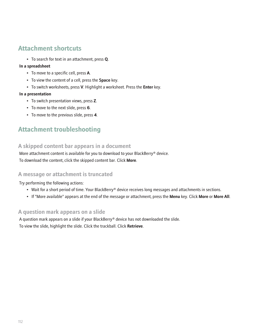 Attachment shortcuts, Attachment troubleshooting, A skipped content bar appears in a document | A message or attachment is truncated, A question mark appears on a slide | Blackberry 8100 User Manual | Page 114 / 262