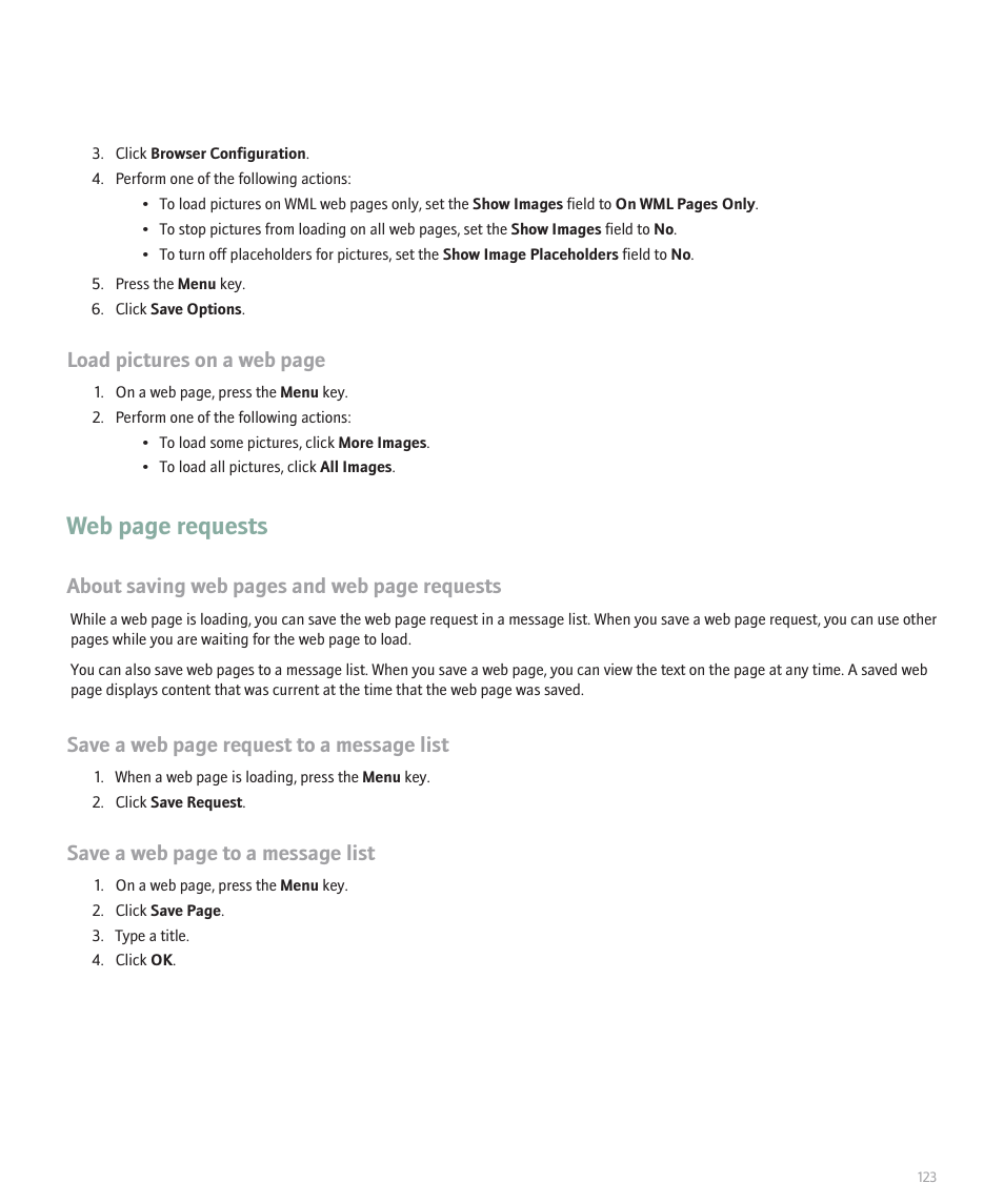 Web page requests, Load pictures on a web page, About saving web pages and web page requests | Save a web page request to a message list, Save a web page to a message list | Blackberry 8100 User Manual | Page 125 / 262
