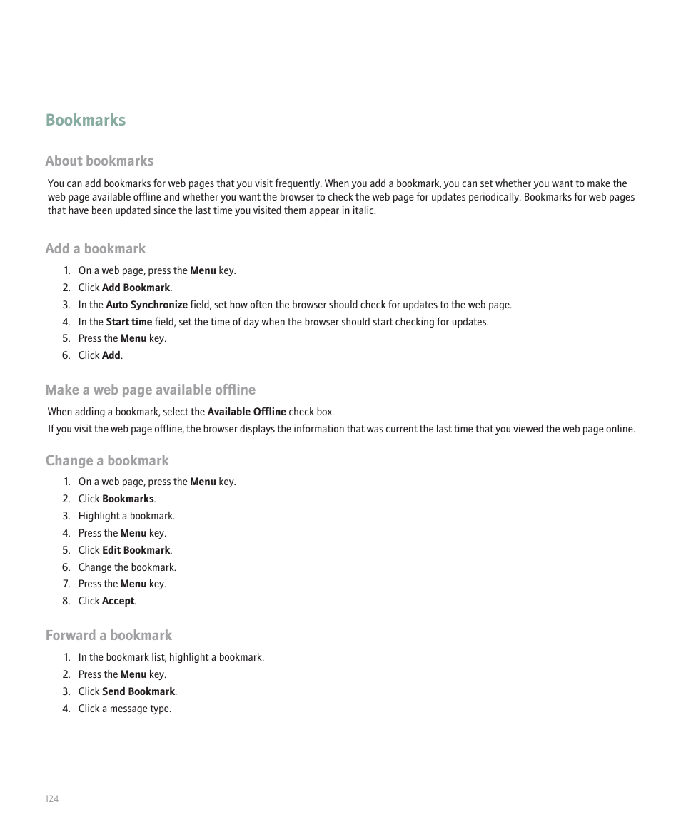 Bookmarks, About bookmarks, Add a bookmark | Make a web page available offline, Change a bookmark, Forward a bookmark | Blackberry 8100 User Manual | Page 126 / 262