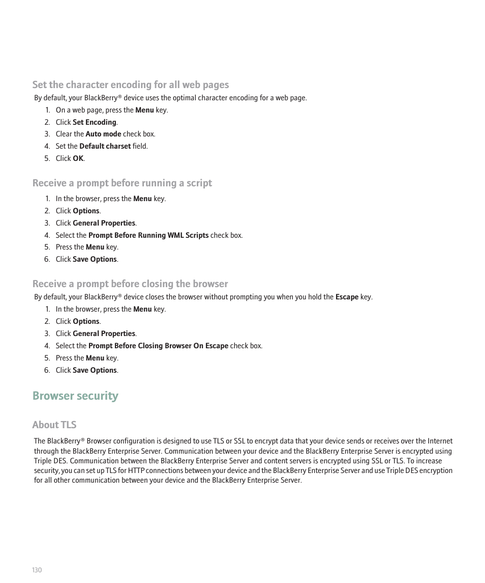Browser security, Set the character encoding for all web pages, Receive a prompt before running a script | Receive a prompt before closing the browser, About tls | Blackberry 8100 User Manual | Page 132 / 262