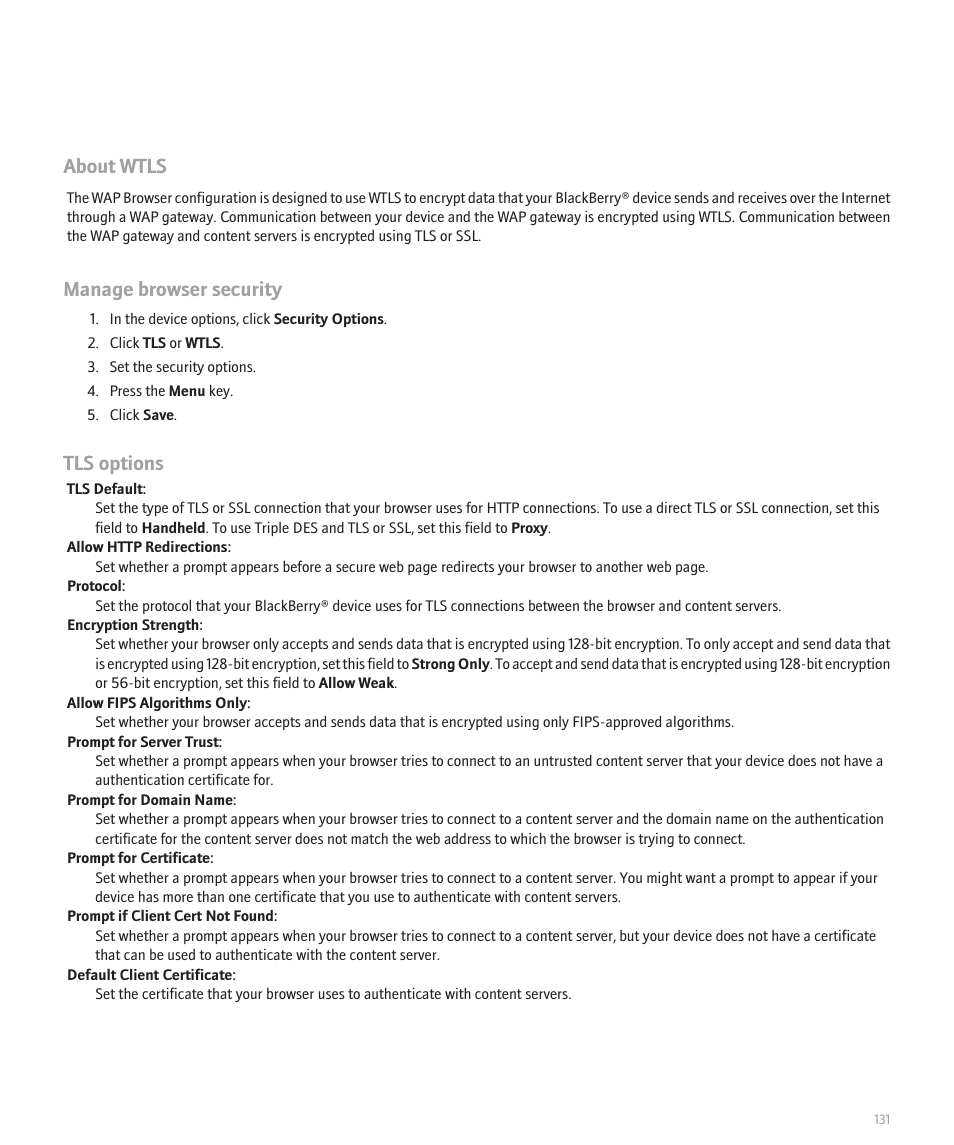 About wtls, Manage browser security, Tls options | Blackberry 8100 User Manual | Page 133 / 262