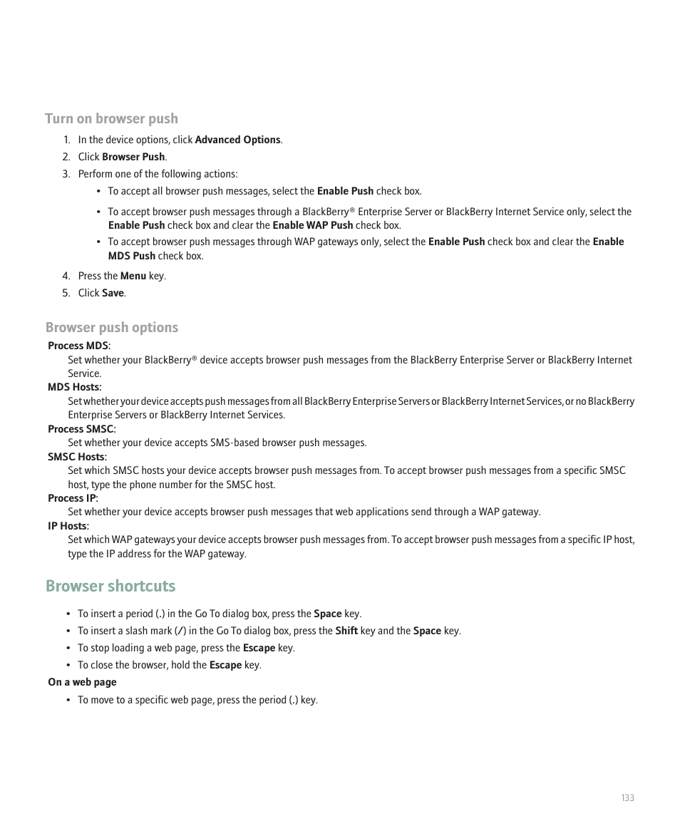 Browser shortcuts, Turn on browser push, Browser push options | Blackberry 8100 User Manual | Page 135 / 262