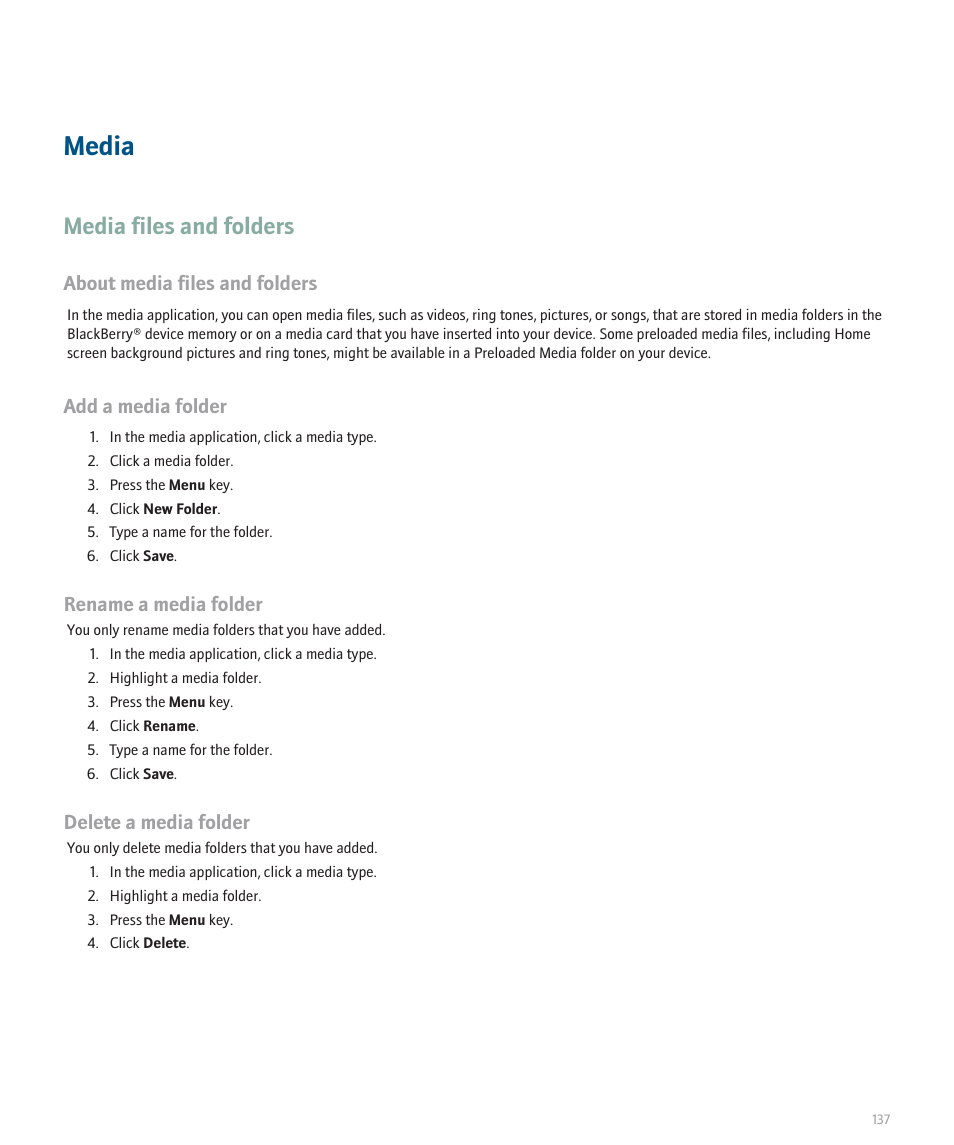 Media, Media files and folders, About media files and folders | Add a media folder, Rename a media folder, Delete a media folder | Blackberry 8100 User Manual | Page 139 / 262