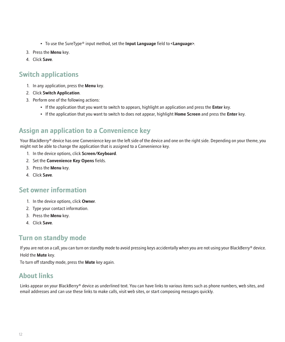 Switch applications, Assign an application to a convenience key, Set owner information | Turn on standby mode, About links | Blackberry 8100 User Manual | Page 14 / 262